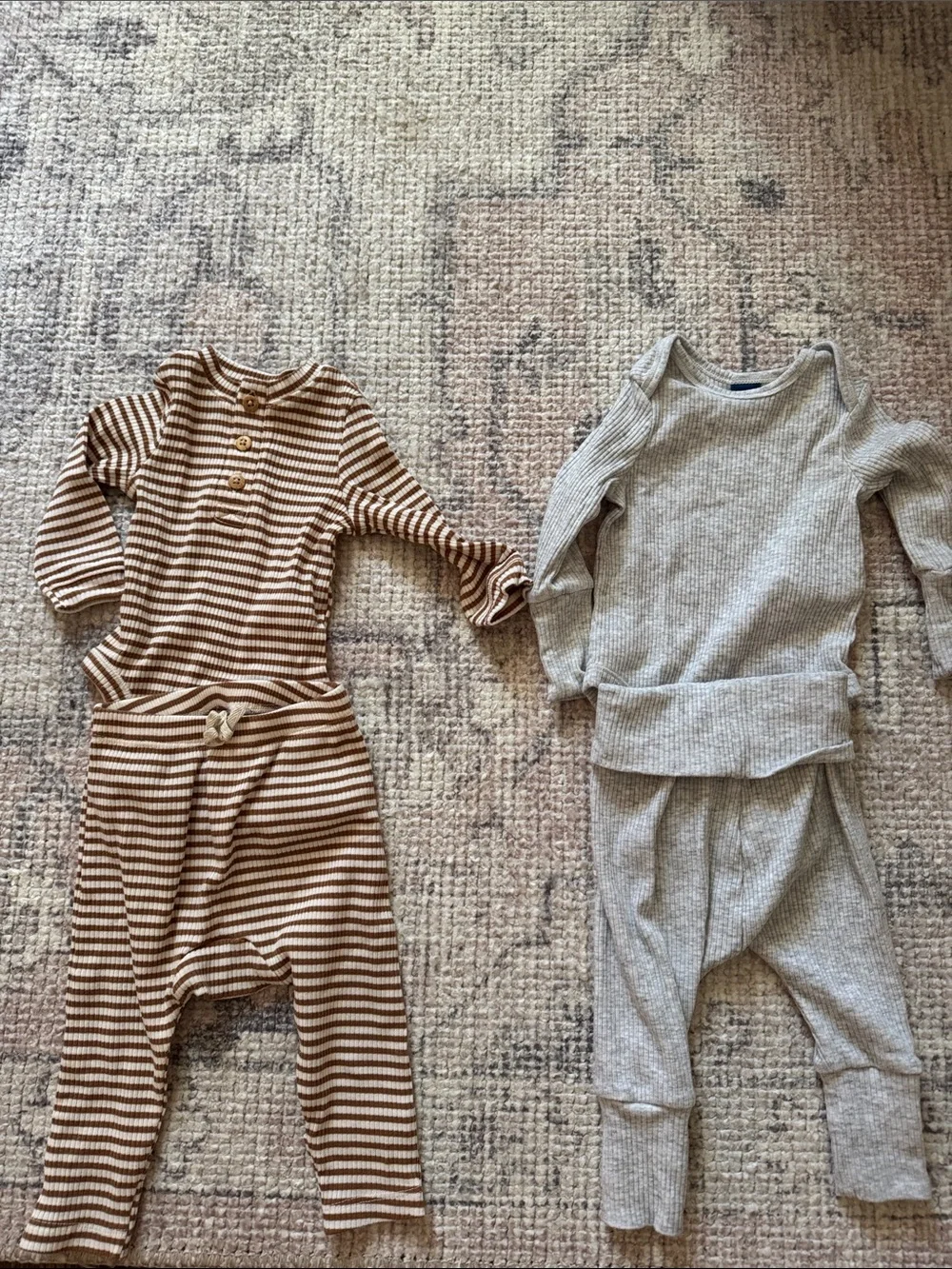 Old Navy Striped Brown Baby Two-Piece Set & Gray Ribbed Baby Set